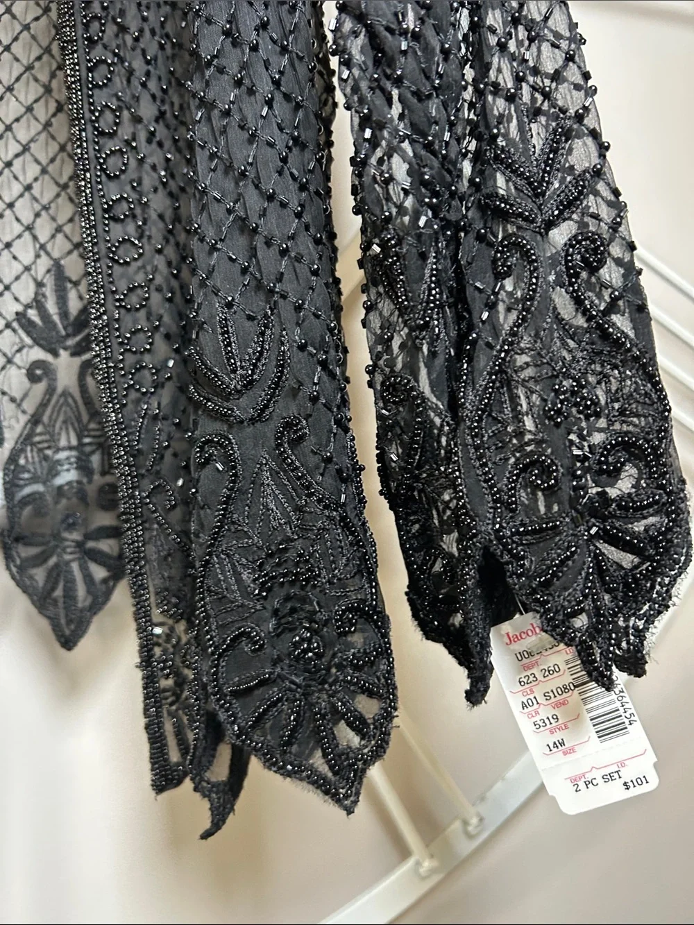 Vintage Stenay 100% Silk Black Beaded Sheer Open-Front Cardigan Duster Jacket